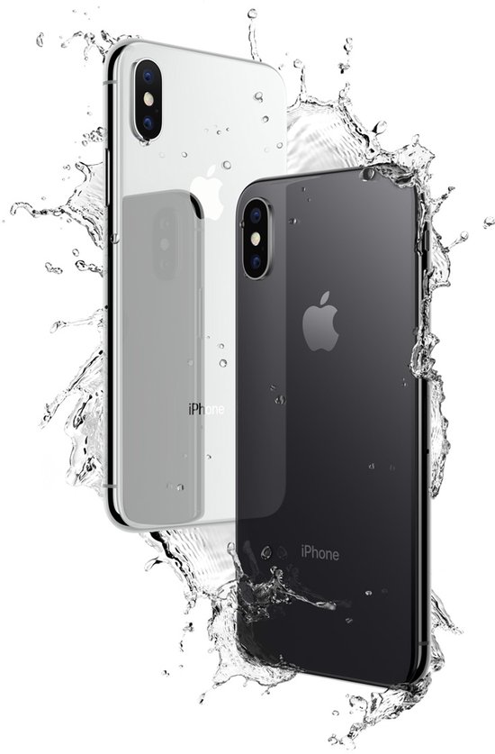 Zilverkleurige en donkergrijze iPhone X'en die uit het water spatten. Zilveren model met dubbele camera aan de achterkant.