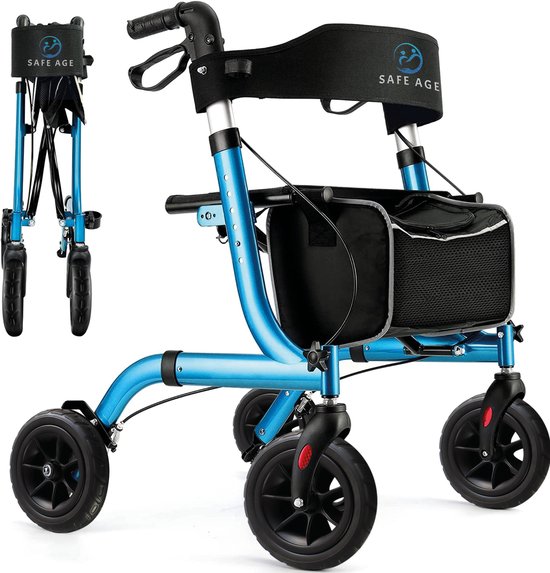 Safe Age® Rollator lichtgewicht en opvouwbaar - zitfunctie - voor binnen en buiten - Rugleuning en wandelstok houder