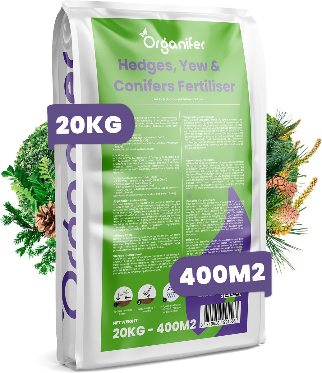Hagen, Taxus & Conifeer Meststof All-In-One - 20 Kg Voor 400 M2 - Voor Een Gezonde Groei En Groene Naalden En Bladeren - Verbetert De Bodemstructuur - Ideaal Voor Arme Of Droge Grond - Geschikt Voor Jonge Aanplant En Jaarlijks Onderhoud - Organifer
