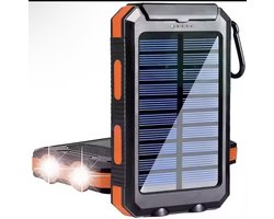Kayashop- Powerbank – Zonne energie - Powerbank 20.000 mAh - Outdoor - Noodpakket - Led Zaklamp - Kompas - Snellader - 2x USB A + USB-C via meegeleverde adapter - Zwart/Oranje - Geschikt voor alle smartphones & Tablets