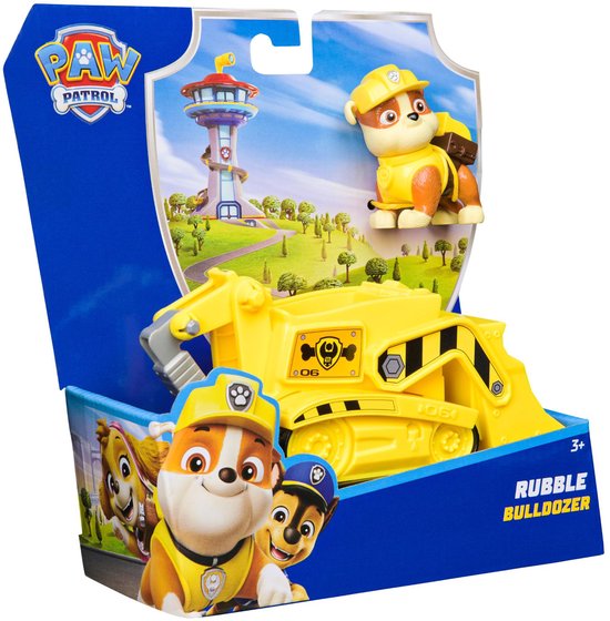 Paw Patrol Rubble Bulldozer speelgoed in verpakking, met Rubble en Chase figuren.