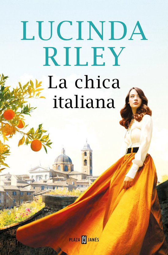 Boekomslag met de titel "La chica italiana" en een vrouw in een oranje jurk met een gebouw en sinaasappelbomen op de achtergrond.