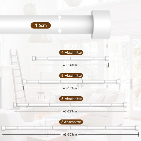 Deconovo Verstelbare Gordijnroede Met Kogelkop - Zwart 168-305 Cm Voor Woonkamer En Slaapkamer