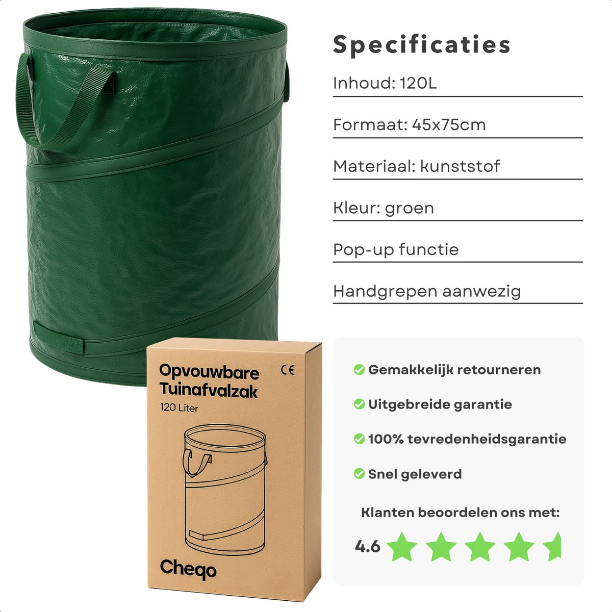 Cheqo® Opvouwbare XXL Tuinafvalzak - Opvouwbare afvalzak - Afvalzakken - Prullenbak - Tuinzak - Wasmand - Tuinafval Zak - Bladzakken - Grote Zak met Hengsels - Duurzaam en Handig — cadeau in Cadeau-ideeën - foto 5