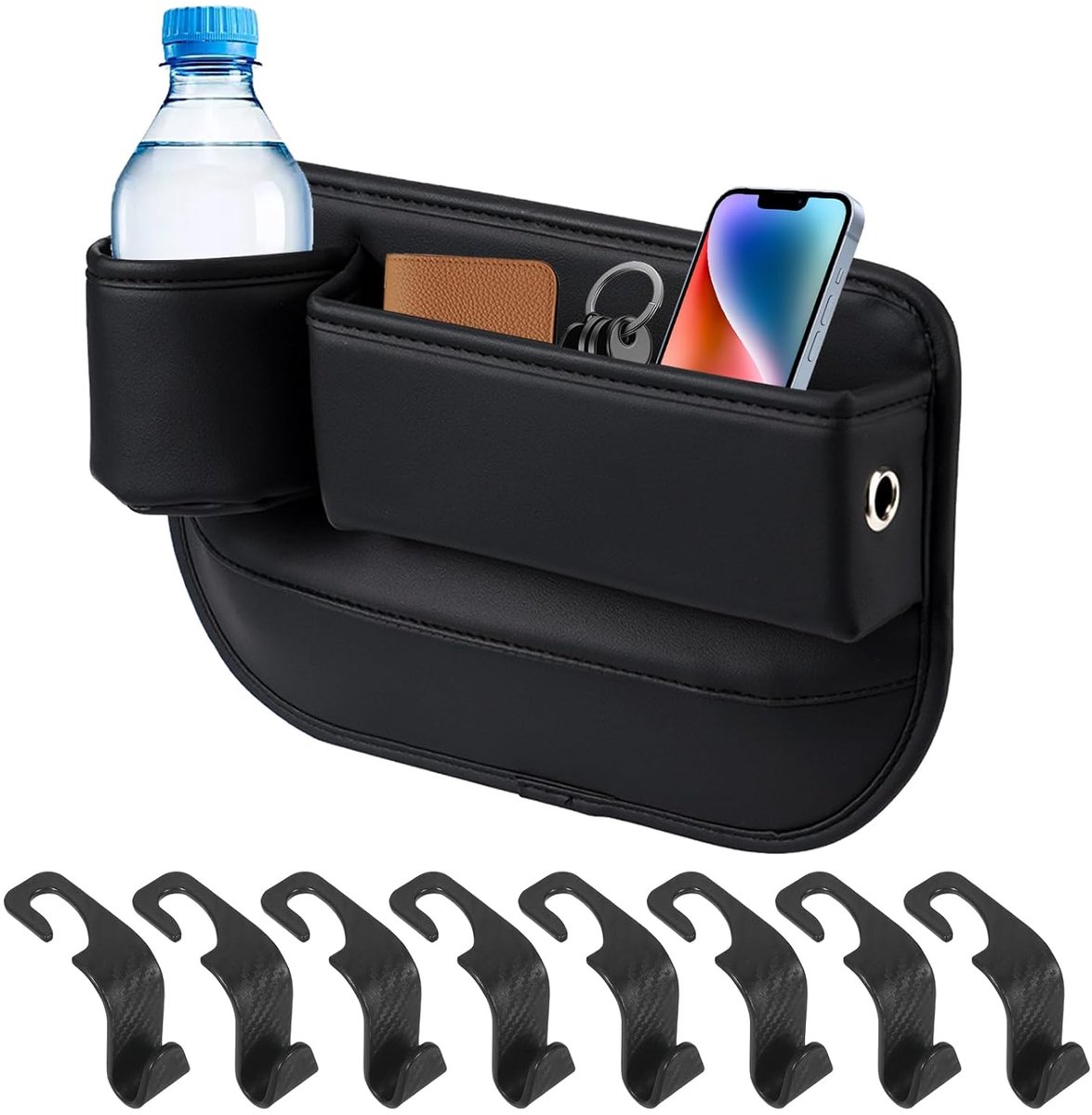 Zijdelingse autostoel organizer - met USB-laadgat - zwart - lederen bekerhouder