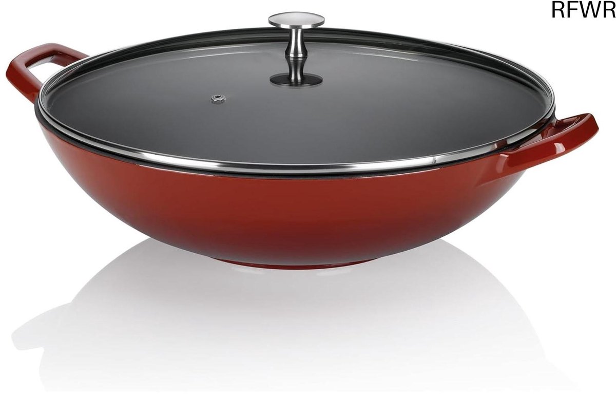 RFWR® Wokpan met Vuurvast Deksel - Gietijzer, Geëmailleerd, Inductiegeschikt, Ø 36 cm, 4 l