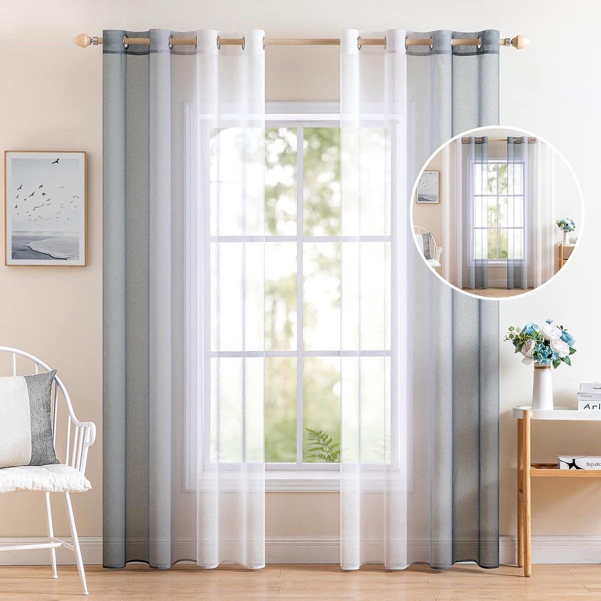 Transparante voile-gordijnen - decoratief - set van 2 - grijs - 140 x 245 cm