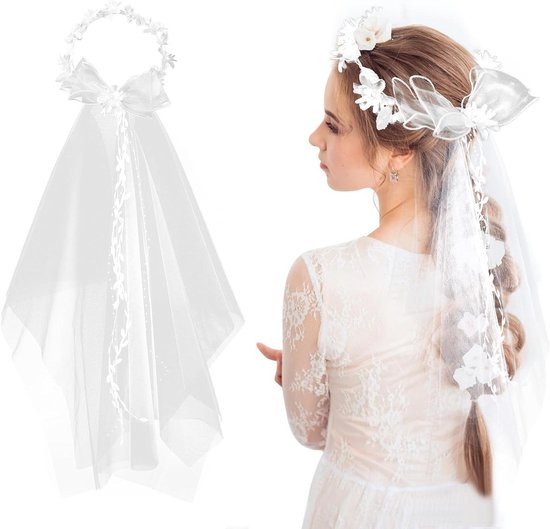 Allecto Plus - Bruidssluier met bloemenkrans en parels voor elegante bruidskapsel - Vrijgezellenfeest accessoire met haarstrik voor droombruiloft