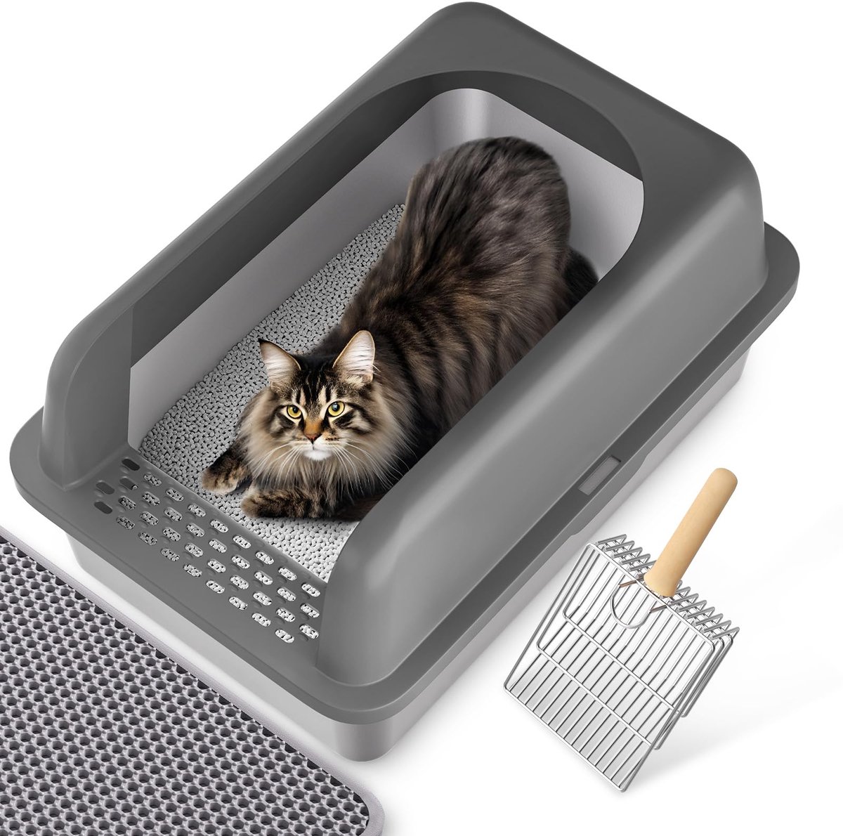 Kattenbak RVS XL 60 x 40 x 30 cm Kattenbak voor grote katten Kattenbak met kattenbakschep en mat, gemakkelijk schoon te maken