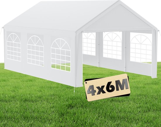 Premium partytent paviljoen met zijpanelen, waterdichte tuintent, grote tent, compacte tent, shelter, PE dak, 4 x 6 m - Wit