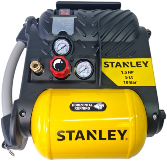 Zwarte en gele Stanley Airboss compressor, 1.5 pk, 5 liter, 10 bar
