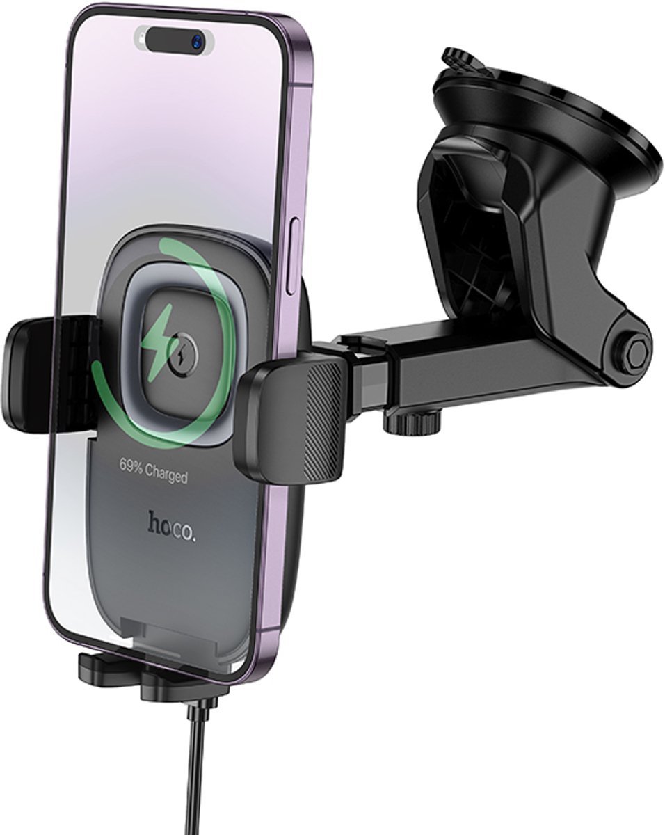 Hoco Telefoonhouder met Zuignap & Draadloos Opladen - Universeel Auto GSM Houder met Clamp - Snellader tot 15W - Dashboard/Ruit/Spiegel