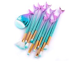 foto van Make-up Kwastenset - Zeemeermin Thema - Sprookjesachtig Design - Voor Foundation, Blush & Oogschaduw - Cadeau voor Meisjes & Vrouwen - Kleurrijk - Reistas Inclusief - 11 Stuks