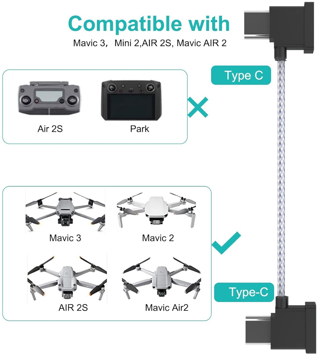 USB C naar USB C 0,5FT/15CM telefoonoplaad- en datakabel Geschikt voor DJI Mavic Air 2, Mavic Air 2S, Mavic Mini 2, Mavic 3, drone-accessoires, gevlochten nylon (Type-C-connector)