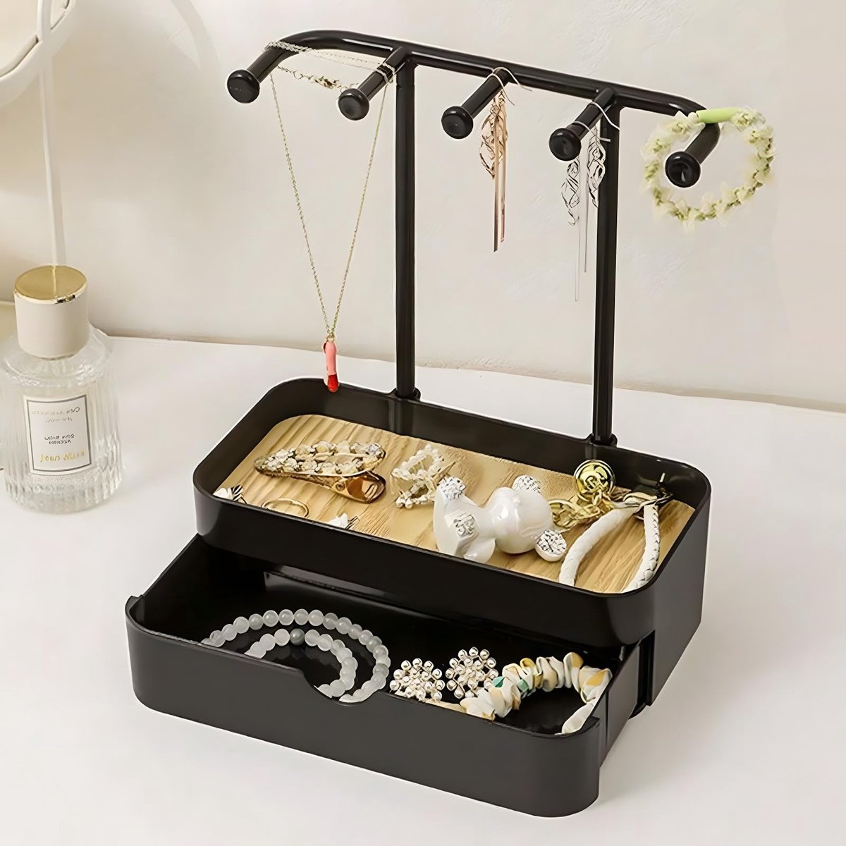 Sieradenorganizers met lades, sieradenstandaard met 5 haken en bodemplaat, decoratieve kettingstandaard met 20 sieradenzakjes, compacte sieradenhouder voor kettingen, oorbellen, armbanden, ringen, horloges, zwart