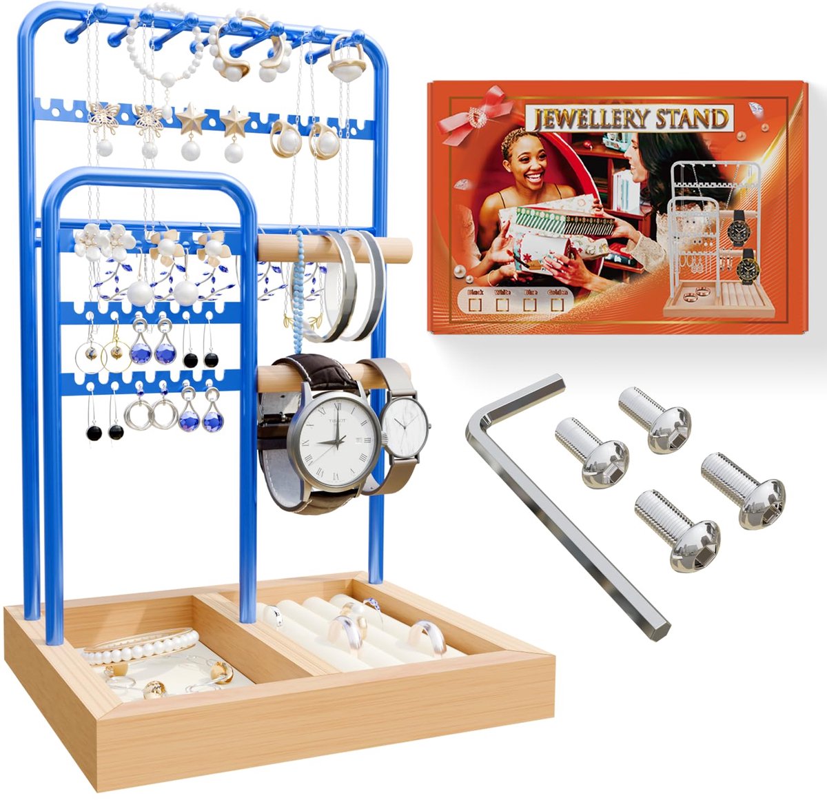 Sieradenstandaard, kettingstandaard sieraden, kettinghouder sieradenstandaard, sieradenlade fluweel, sieradenboomkettinghouder met opbergbasis, kettingopbergstandaard voor kettingen, armbanden, ringen, blauw