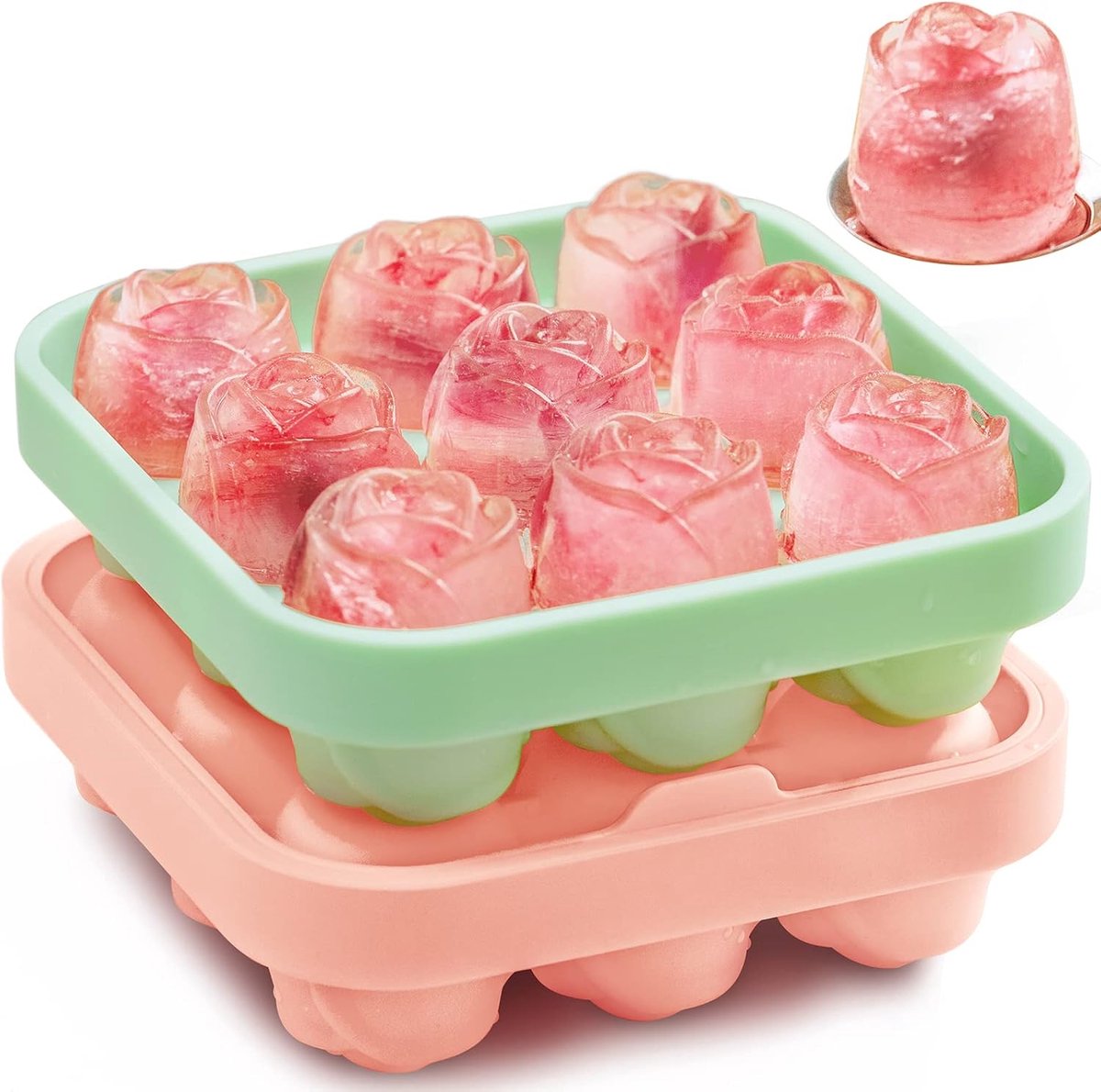 IJsblokjesvorm in de vorm van een roos - Siliconen ijsvorm maakt ijsblokjes in de vorm van een roos van 23 x 3 cm voor de vriezer(groen + roze)