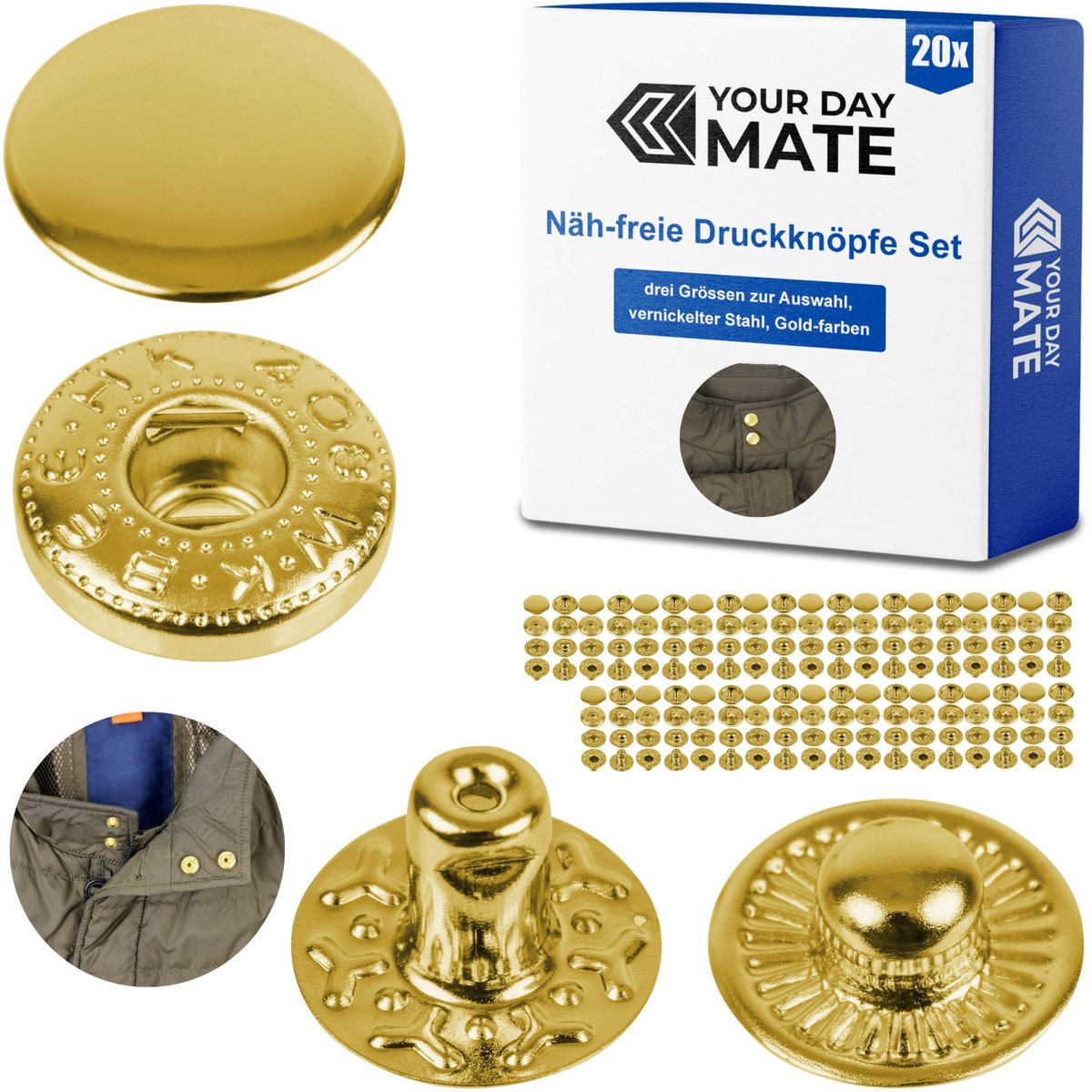 Naaivrije drukknopen, Ø 10 mm, 20 paar, in goud, set zonder gereedschap, stoffen clips voor doe-het-zelvers, drukknoop met ringveersluiting, reparatie metalen knopen, vervangende accessoires voor het naaien van knopen, drukknoop met ringveer