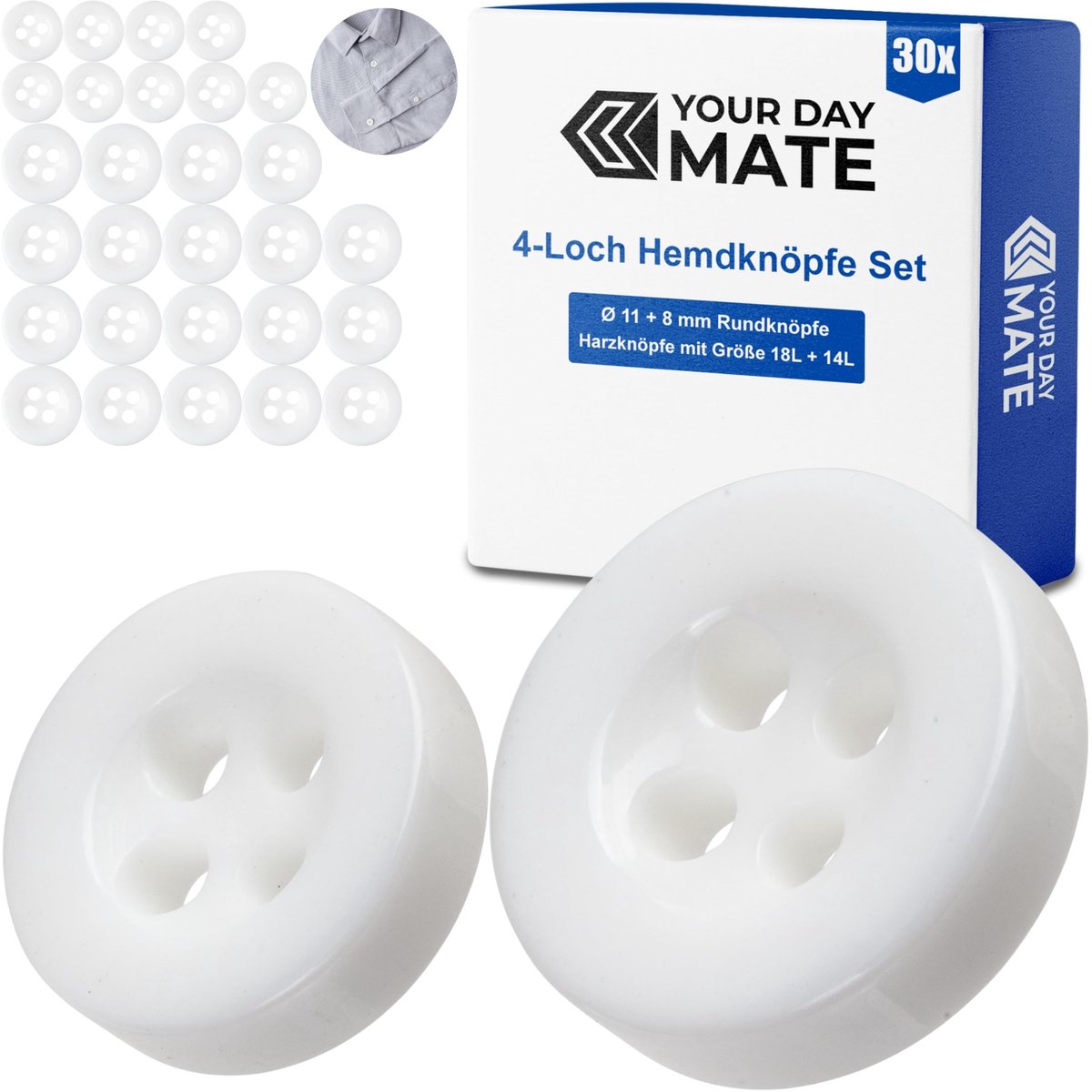 Knopenset, voor overhemden en blouses, 30 stuks, 4-gaats, Ø 11 + 8 mm, in wit, van kunsthars, maat 18L + 14L, harsknopen voor jas, mantel, overhemd, blouse, poloshirt, DIY-knoop van polyester, wasknopen
