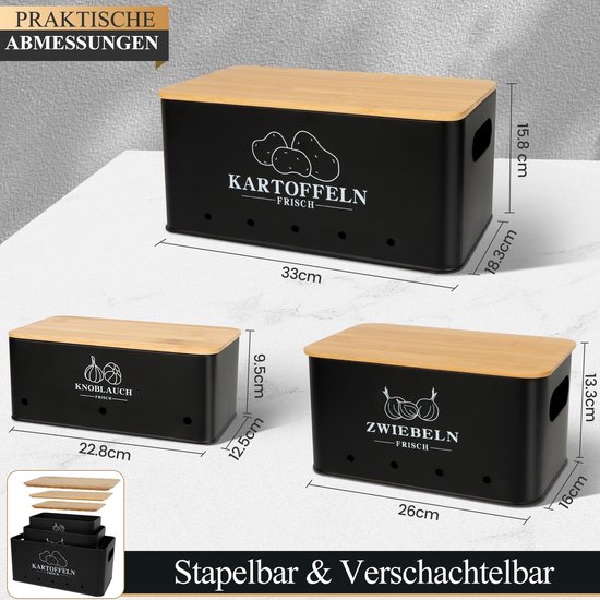 VORHOT Aardappelopbergdoos, 3 stuks aardappel-, uien- en knoflookopslag, aardappelbox met deksel, voorraaddozen set voor aardappelen, uien, knoflook