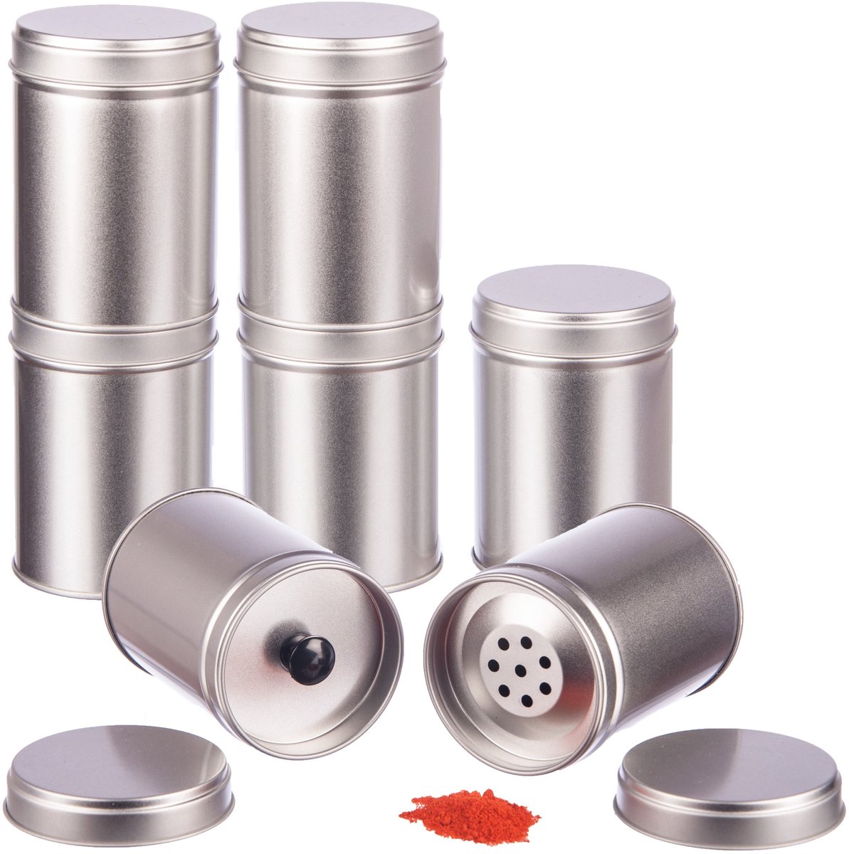 12-pack grote stapelbare kruidenpotjes met extra aromadeksel, inclusief 12 etiketten + 2 strooi-inzetstukken | Hoogte: ca. 9,0 cm per potje, diameter: ca. 6,4 cm per potje | Materiaal potje: blik | BPA-vrij en voedselveilig