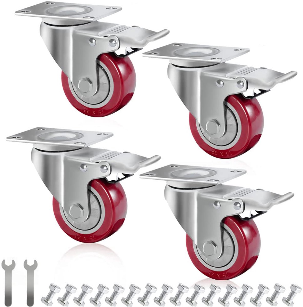 D&L DL-I3-001R 3-inch zwenkwielen, wielen, 1400 lbs, zware wielen met rem, polyurethaan wielen met dubbele vergrendeling, set van 4, rood