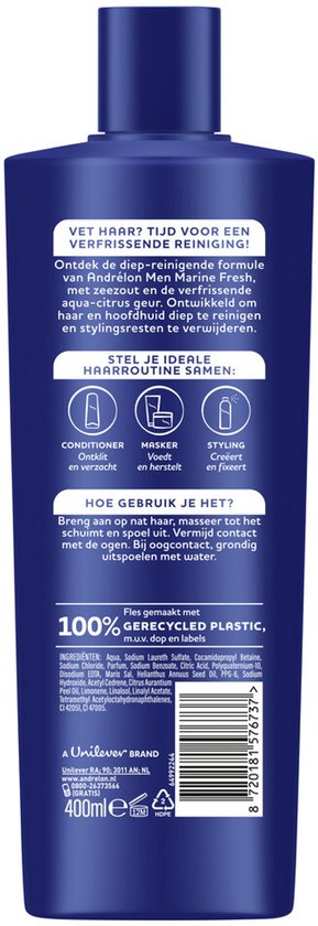 Achterkant van Andrélon MEN Marine Fresh Shampoo fles. Met ingrediëntenlijst, gebruiksaanwijzing en 100% gerecycled plastic logo.