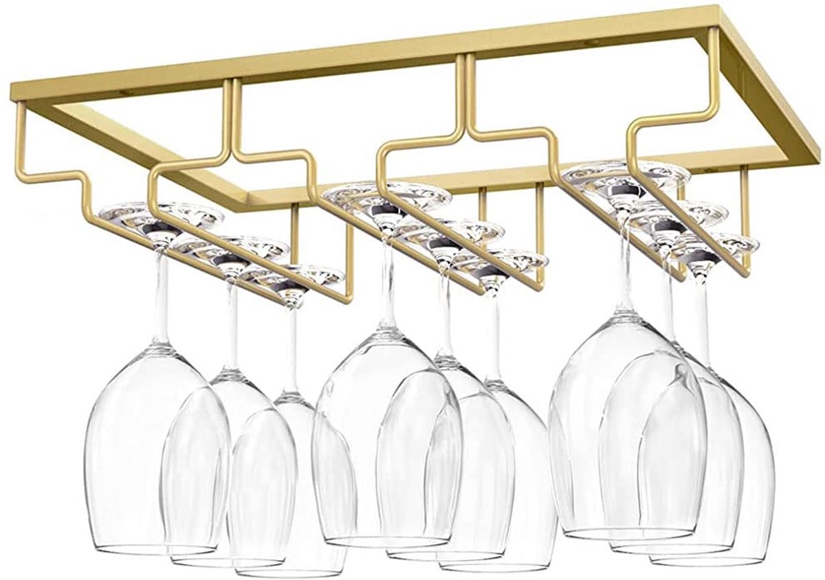TRANKIELO® - Metalen Wijnglazen Rek – Goudkleurig Stemware Rek met Drie Slots – Omgekeerde Wijnglashouder voor Keuken, Bar, Pub – Inclusief Schroeven