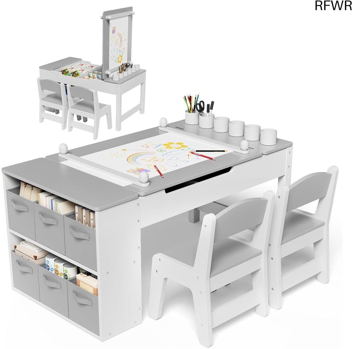 RFWR® Kindertafel en Stoelen Set voor Kinderen met Schildertafel en Opbergruimte