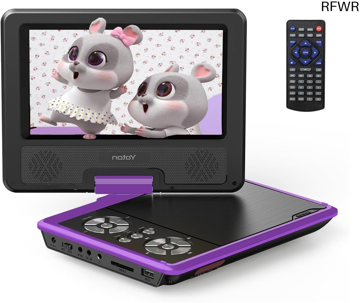 RFWR® Draagbare DVD-speler 9,5 inch met 7,5 inch draaibaar HD scherm voor auto en kinderen - 4-6 uur batterijduur