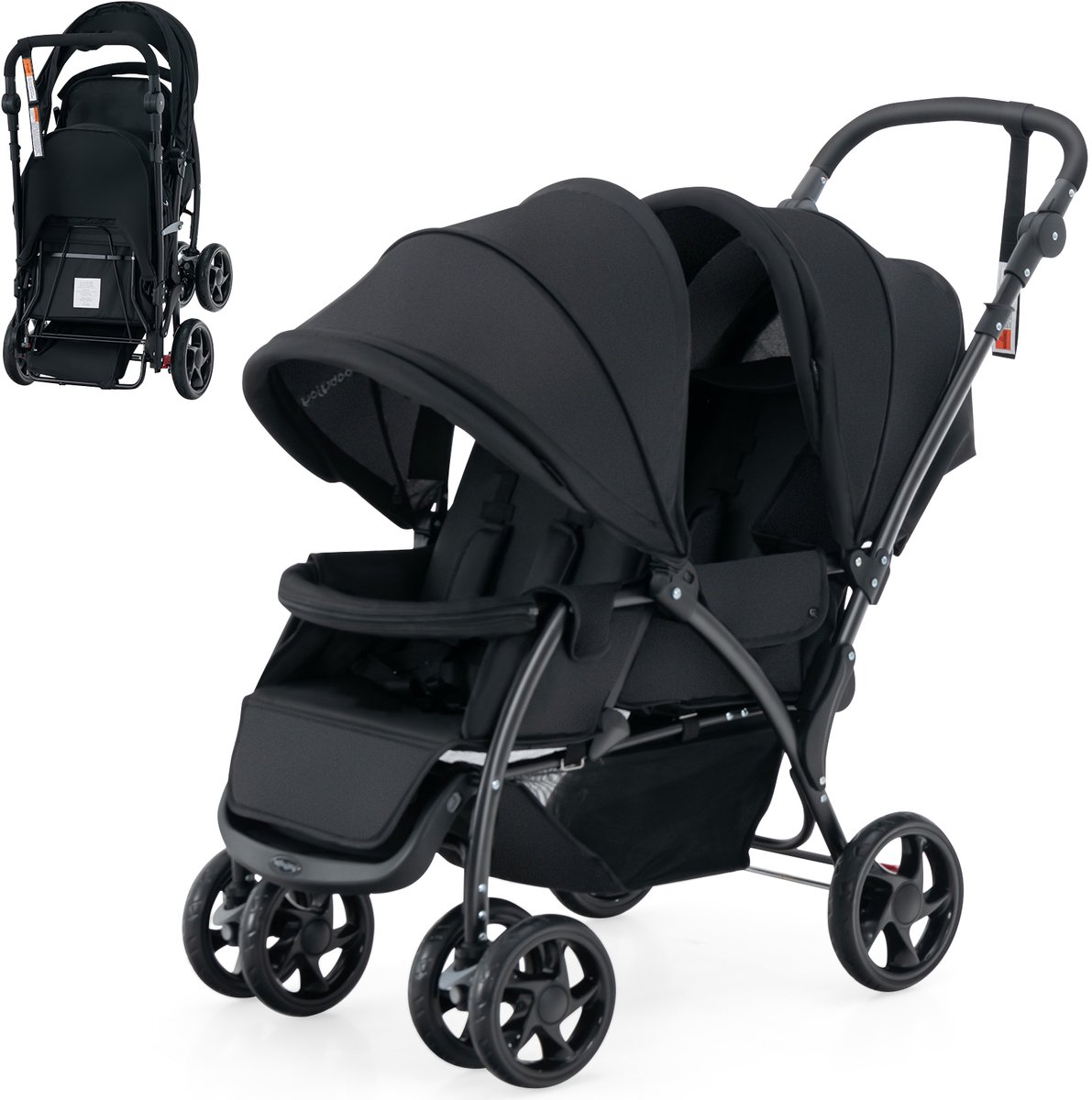COSTWAY Broer en zussenwagen, inklapbaar, dubbele wagen met verstelbare rugleuning en kap, reisbuggy met ligfunctie, dubbele buggy voor baby's vanaf 6 maanden, 30 kg belastbaar (zwart) - COSTWAY - €165,99