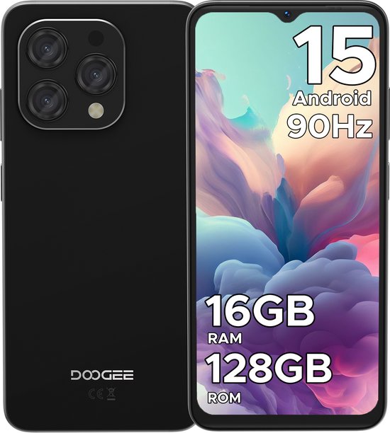 DOOGEE N55 (16GB+128GB) Android 15 Smartphone zonder Contract, 6.56” HD+ 90Hz IPS Octa Core Mobiele Telefoon zonder Contract, 5150mAh Batterij Mobiele Telefoons, 13MP+8MP, Dual 4G SIM Simlock Free Mobiele Telefoons/5G WiFi/Face ID/Widevine L1 - Zwart
