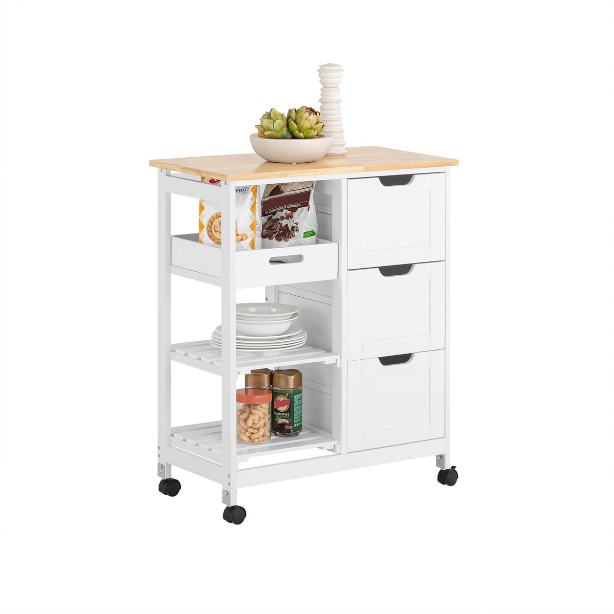 SoBuy Keukentrolley Serveerwagen – Keukenwagen met 3 Grote Laden en 3 Planken – Opbergkast op Wieltjes – Wit – 68x38x85cm – FKW79-W
