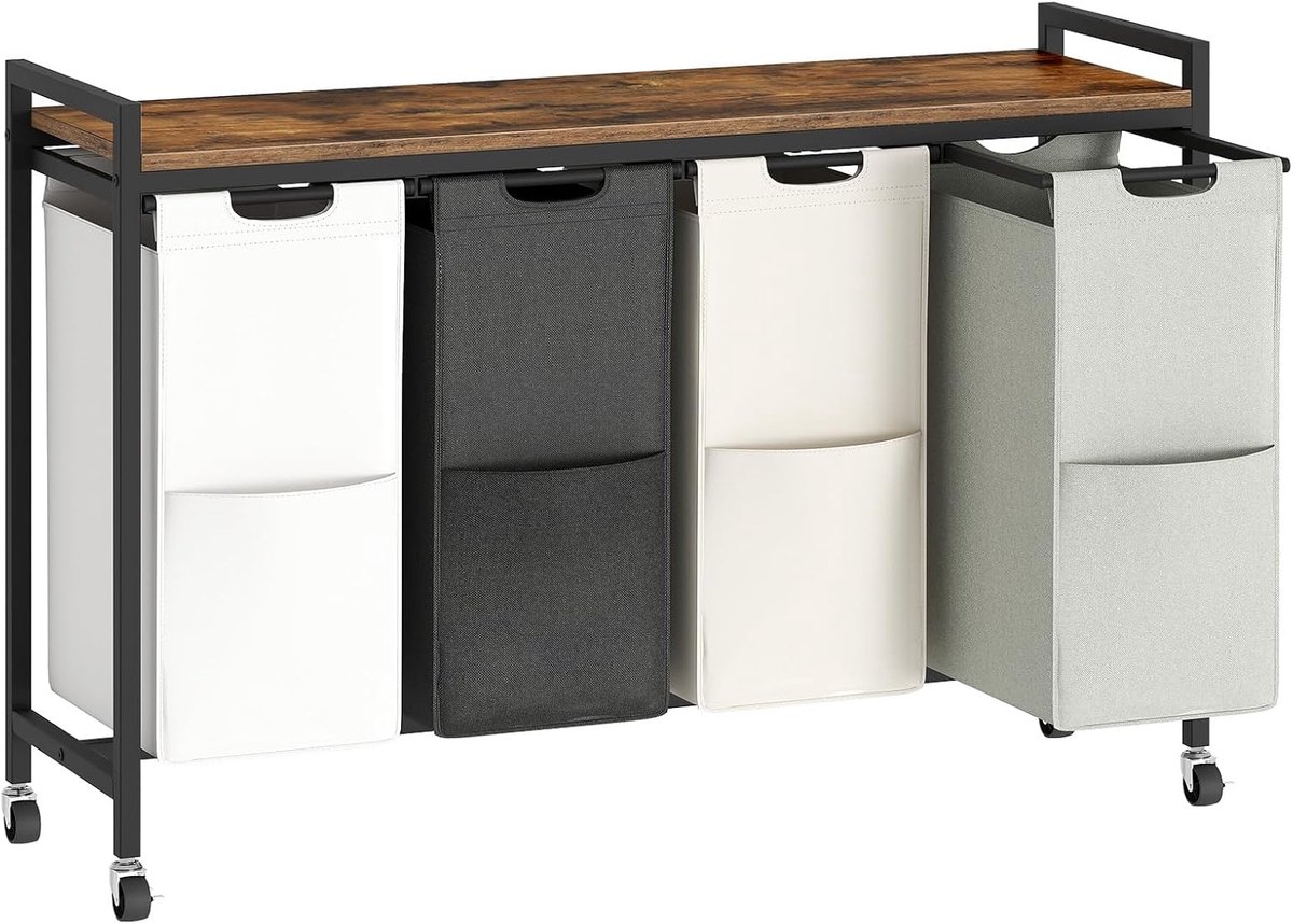 Wasmand met 4 compartimenten en bovenplank – waskar met wielen en Oxford stoffen waszakken (4 x 39,8 L)