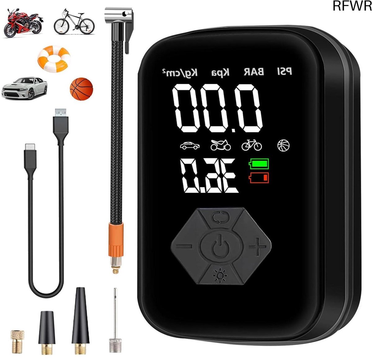 RFWR® Draagbare Elektrische Luchtpomp met Bandenspanningsmeter - 150 PSI, Accucompressor voor Auto's, Motorfietsen en Fietsen