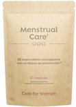 Bruine papieren zak met tekst 'Menstrual Care', '30 capsules', 'Voedingssupplement', 'Preparaat met kruiden en vitaminen' en 'Care for Women'.