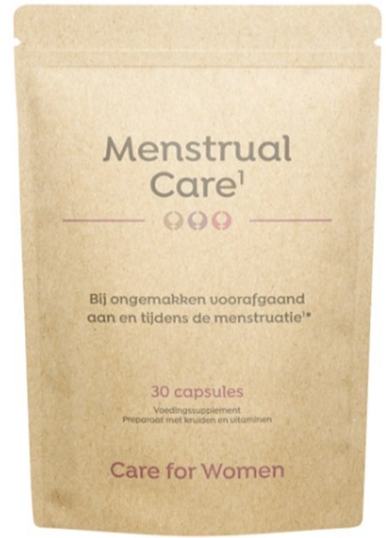 Bruine papieren zak met tekst 'Menstrual Care', '30 capsules', 'Voedingssupplement', 'Preparaat met kruiden en vitaminen' en 'Care for Women'.