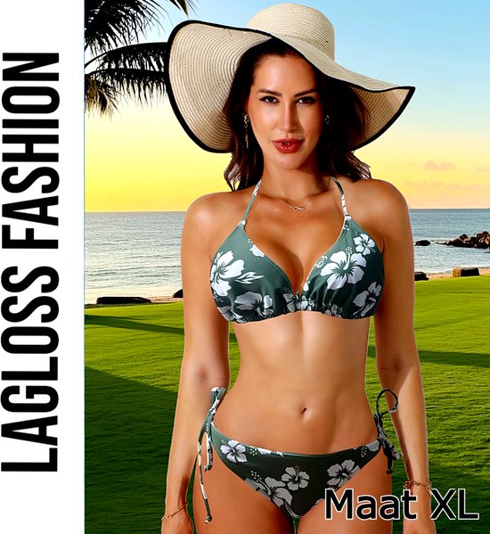 LaGloss® Set bikini sexy à imprimé floral vert – Maillots de bain 2 pièces dos Halter – Élastique et Elegant – Taille XL