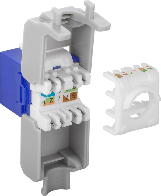 Connecteur keystone UTP CAT6a bleu et gris sans outil avec câblage interne, numéros 1-8 et A-B.