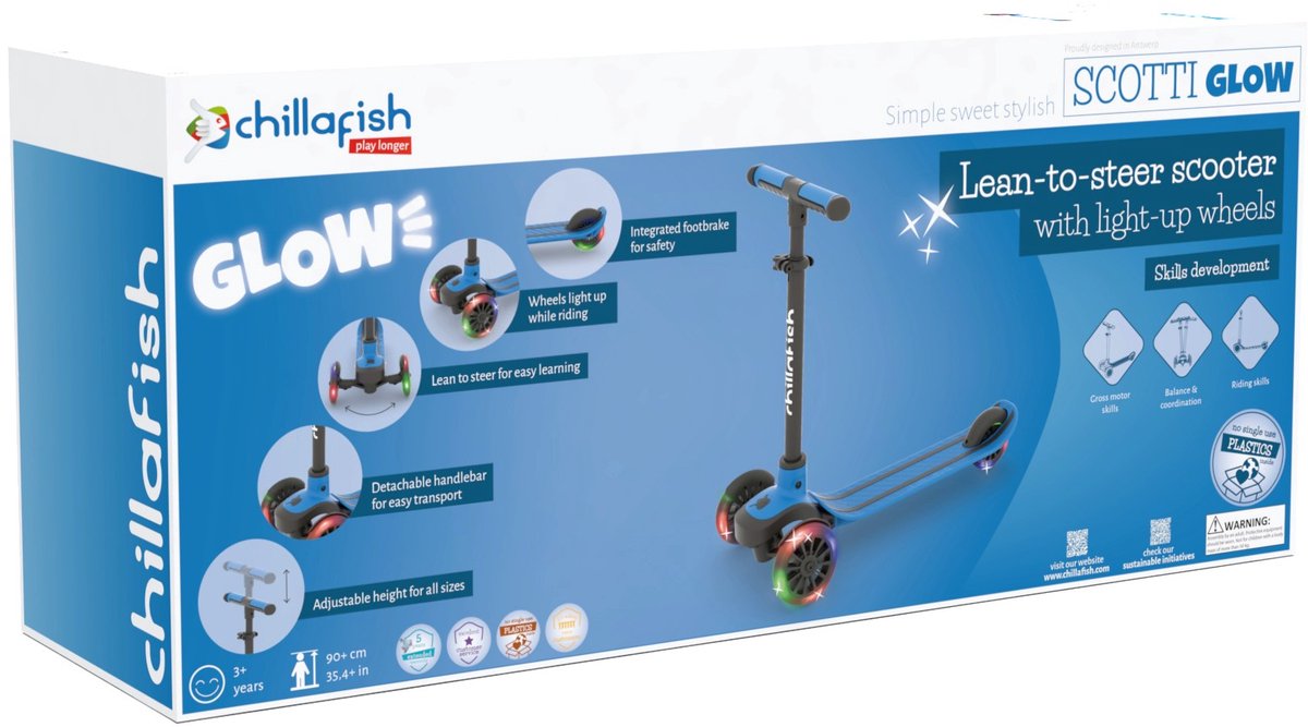 Chillafish Kinderstep 3 Jaar met drie LED wielen - Blauw - Lichtgewicht Glow step jongens en meisjes met afneembaar stuur en voetrem - Aanpasbaar in hoogte - Leun-om-te-sturen - Extra grip handgrepen - Geen batterijen nodig - Model Scotti Glow 3 — afbeelding 5