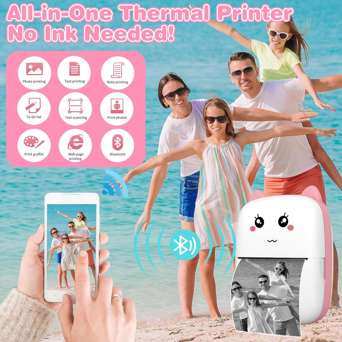 RFWR® Mini Bluetooth Thermische Printer voor Smartphone - Afdrukken van Foto's, Notities, Stickers en Etiketten zonder Inkt thumbnail 2