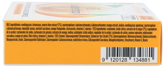 Zijkant van de waterdrop Ice Tea Peach doos met ingrediënten en barcode.