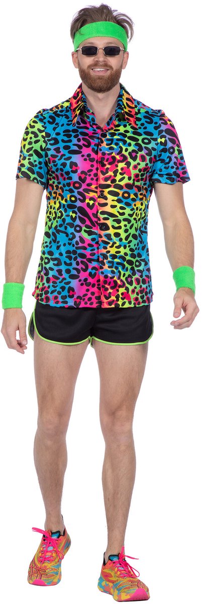 Party Blouse Heren Regenboog Neon Panter - Maat L