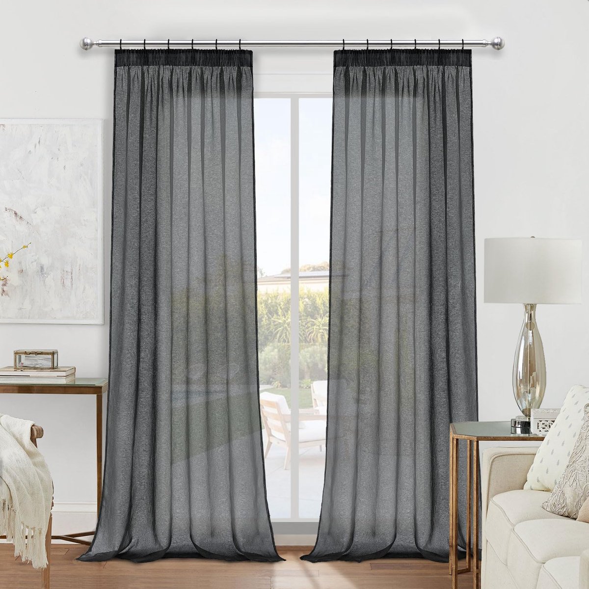 Ibenzoa Gordijnen met plooiband, elegante set van 2, half-transparant, antraciet, voor elke kamer