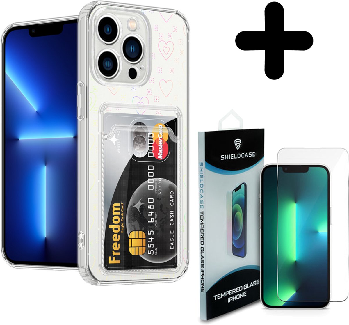 ShieldCase Hoesje geschikt voor iPhone 13 Pro transparant hoesje met pasjes (hartjes) + ShieldCase screenprotector - beschermglas iPhone bescherming - iPhone case bescherm hoesje + Screenprotector