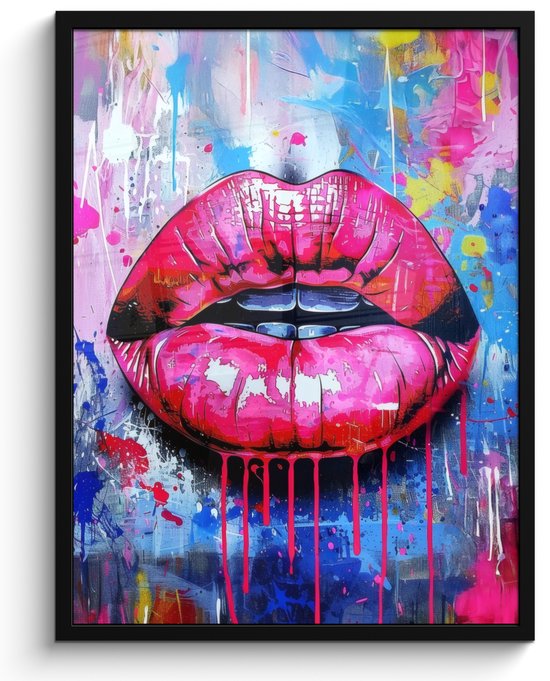 Poster in lijst - Fotolijst 60x80 cm - Posters - Graffiti - Lippen - Felroze - Geschilderd - Posterlijst zwart - Decoratie - Wanddecoratie woonkamer - Muurdecoratie slaapkamer