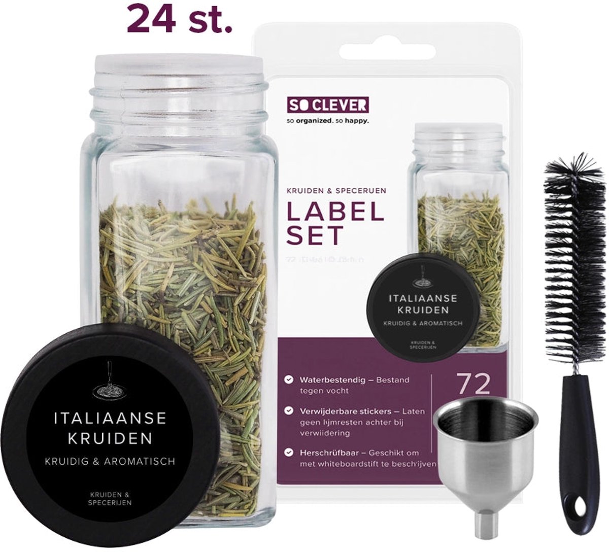 So Clever kruidenset 24 Kruidenpotjes 120 ml met Ø35mm Labels Zwart - Transparant & Zwart - Met deksel