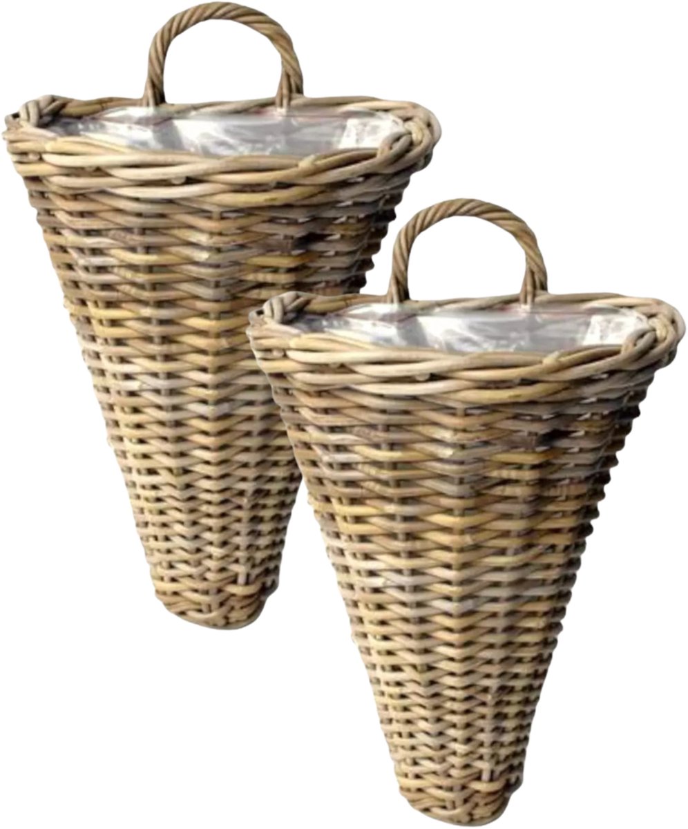Van der Leeden Wandhanger mand - 2x - bruin - 30 x 26 x 37 cm - rotan gevlochten - voor bloemen/planten - bloempot/plantenpot