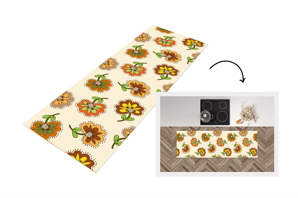 Keukenloper 180x60 cm - Keukenmat vinyl Design - Bloemen - Retro - Vintage - Keukenmatten loper - Keuken vloerkleed tapijt