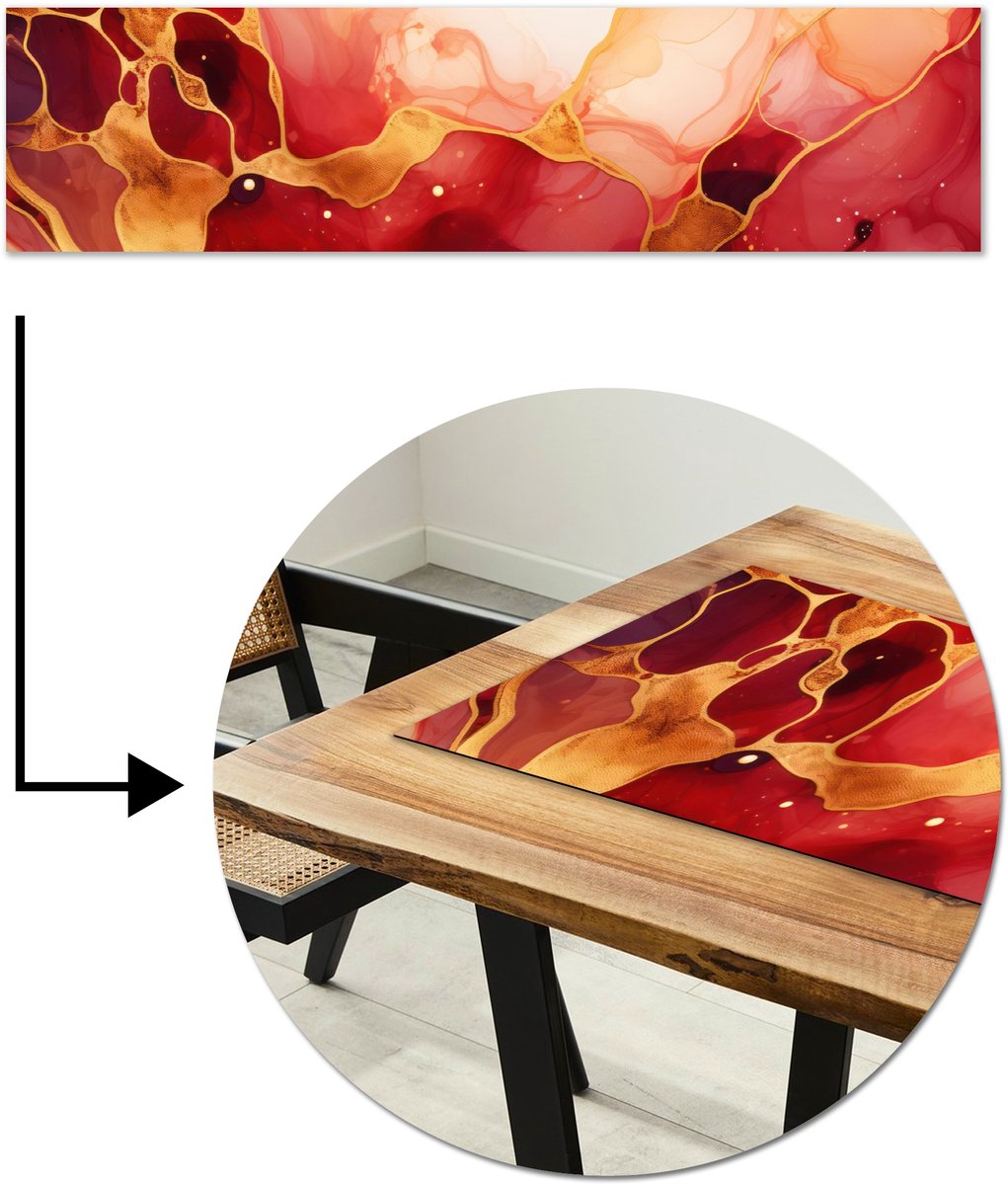 Tafelloper 200x50 cm - Tafelmat vinyl Marmer - Rood - Goud - Modern - Abstract - Tafeldecoratie - Tafelversiering - Keuken decoratie - Tafel versiering